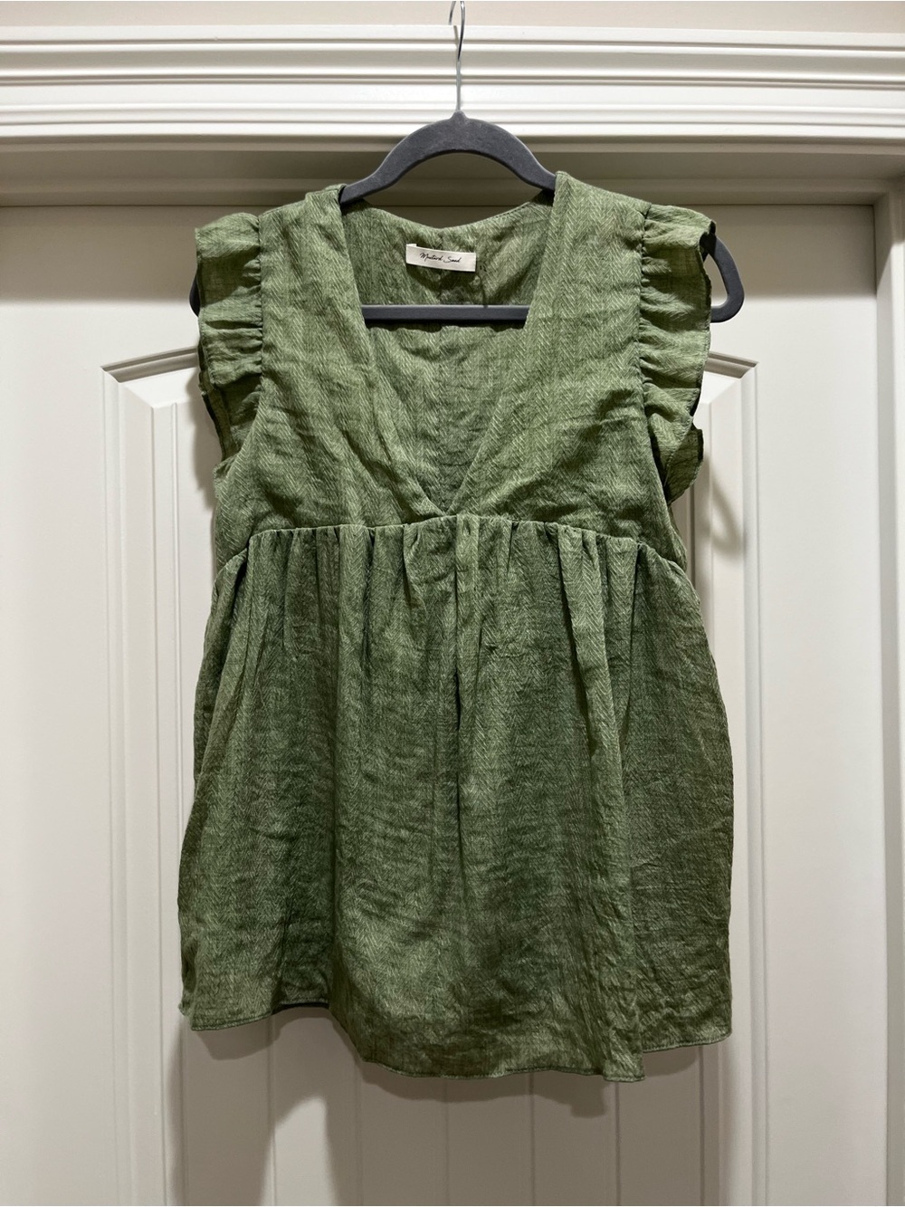 Mustard Seed Green V-Neck Flutter Sleeve Blouse